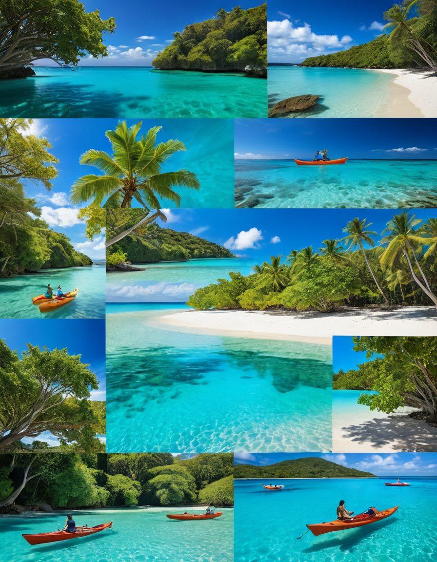 A stunning collage featuring idyllic water destinations like crystal-clear lagoons and serene beaches, intertwined with joyful travelers engaging in activities such as kayaking, snorkeling, and relaxing on boats. Include vibrant marine life in the water and lush greenery as a backdrop, capturing the essence of adventure and tranquility. Enhance the scene with a bright blue sky and soft sunlight filtering through the trees. super-realistic. vibrant colors. white background.