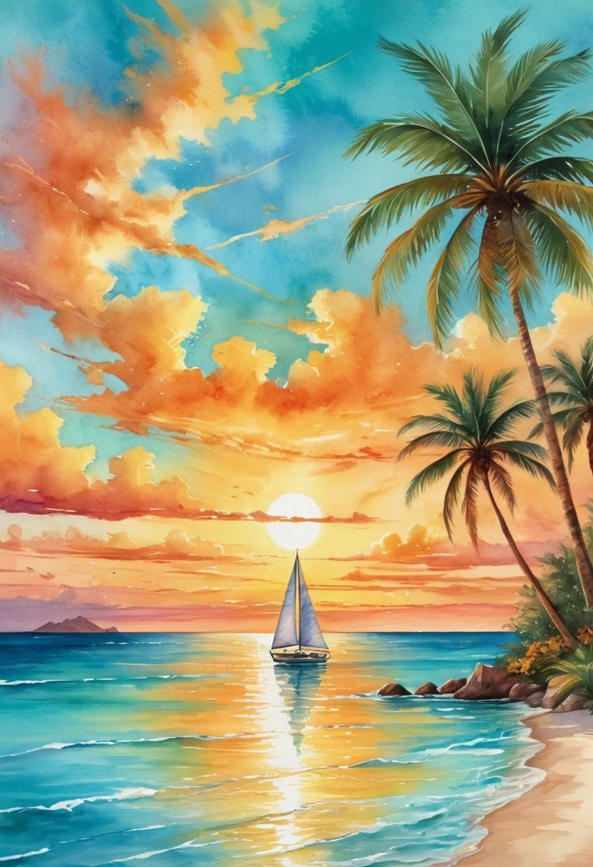 A picturesque sailboat gliding through crystal-clear turquoise waters, with a vibrant sunset casting warm golden hues over the horizon. Include palm trees framing the scene and a couple enjoying the journey, capturing the essence of relaxation and adventure. The sky is dotted with fluffy clouds, enhancing the serene atmosphere. artistic watercolor style. vibrant colors. dreamy background.