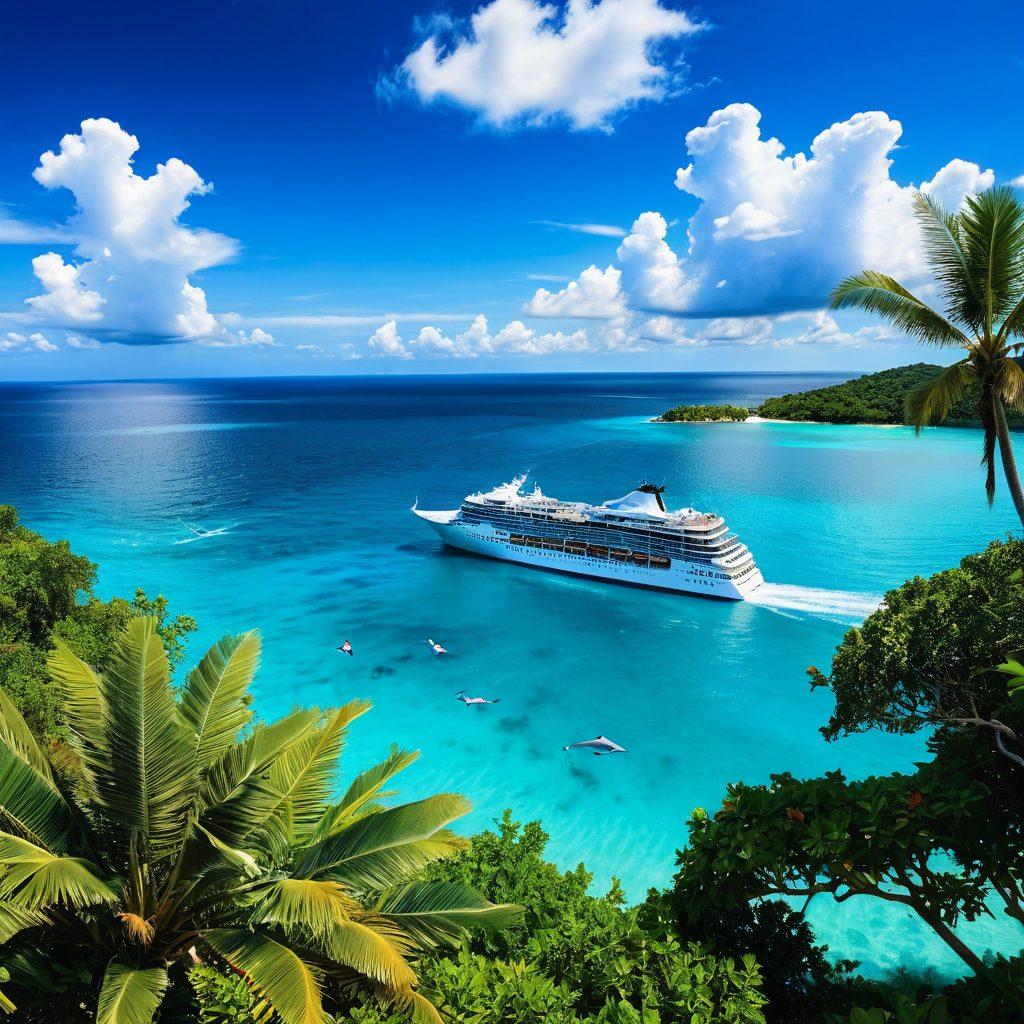 A breathtaking view of a luxurious cruise ship sailing across pristine turquoise waters, surrounded by lush tropical islands under a bright blue sky dotted with fluffy white clouds. Passengers are seen enjoying themselves on deck, engaging in fun activities, creating a lively atmosphere of joy and adventure. Include hints of sun loungers, cocktails, and playful dolphins leaping in the background to convey a sense of bliss. vibrant colors. 3D. super-realistic.